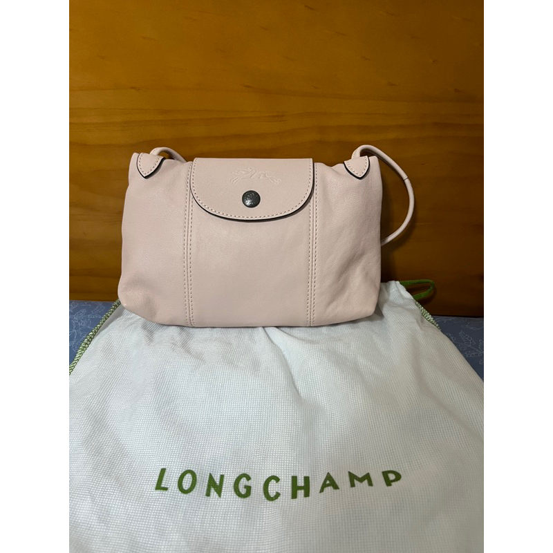 正版Longchamp二手櫻花粉色小羊皮斜背包/斜挎包