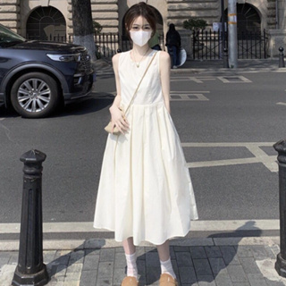 洋裝 小禮服 韓系新款女裝茶歇法式白色無袖連身裙小個子顯瘦背心裙子ME062 1436衣時尚Y16