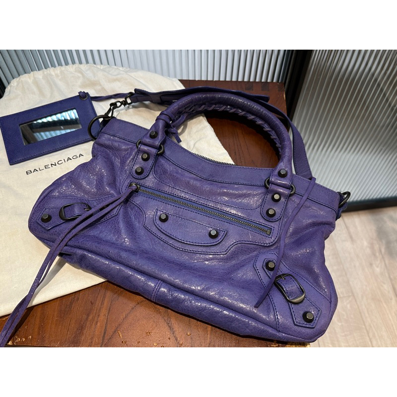 二手精品  BALENCIAGA Classic First bag 機車包 附鏡子 紫色 / 附防塵袋