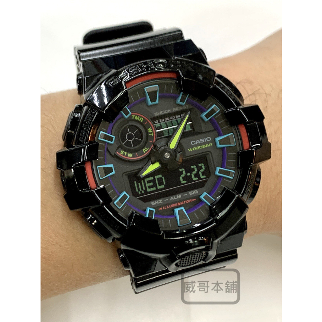 【威哥本舖】Casio台灣原廠公司貨 G-Shock GA-700RGB-1A 虛擬彩虹系列 經典雙顯錶 GA-700