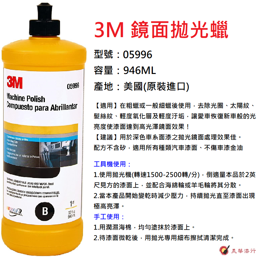 【中壢實體店美華油漆】美國3M 05996 鏡面拋光蠟 美國MAX POWER 鏡面蠟 細蠟海棉輪羊毛輪黏扣底座G3粗蠟