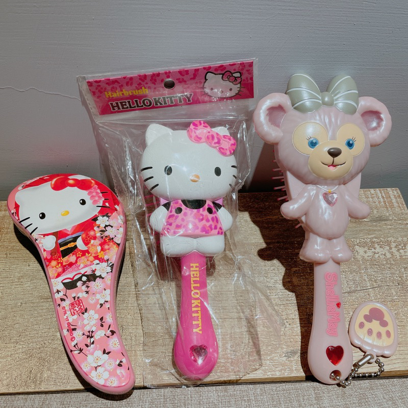 全新日本帶回kitty氣墊按摩梳子 二手香港迪士尼雪莉玫梳子附小鏡子 二手Hello Kitty 造型手把梳子 日本帶回