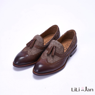 【LiLi Jan】探索英格蘭｜牛皮拼接布料流蘇樂福鞋 (濃醇咖啡)