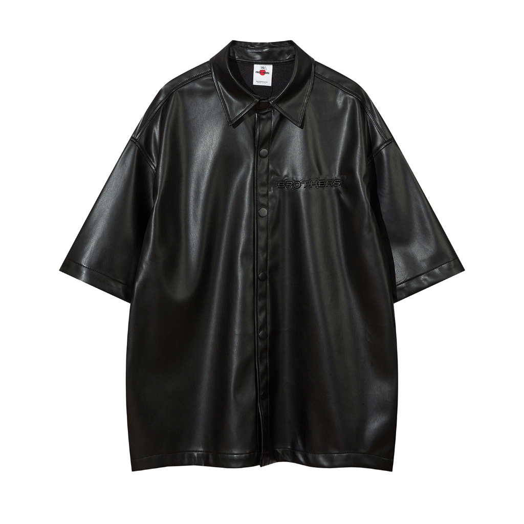 【K-2】暗黑 MCCANN LOGO 質感 皮革 短袖襯衫 襯衫