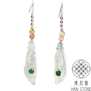 【漢石齋】天然A貨 冰玻種翡翠 如意佛手K金耳環(28*8*4mm*2)