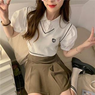 【西西比】學院風 polo 假兩件 馬甲 衣服 短板上衣 短袖上衣 ins 風衣服 針織上衣 短袖t恤 女生衣服