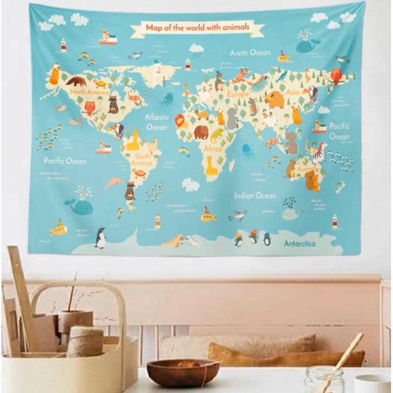 🌟台灣現貨🇹🇼送掛勾+裝飾燈 地圖掛布 動物地圖 掛布 世界地圖 背景布 房間裝飾 掛毯 兒童房裝飾 教室佈置 掛毯