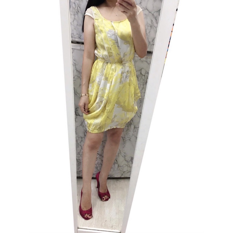 設計師 海蒂山 HIDESAN 全新吊牌 超柔美黃色印染顯瘦名媛款洋裝M號