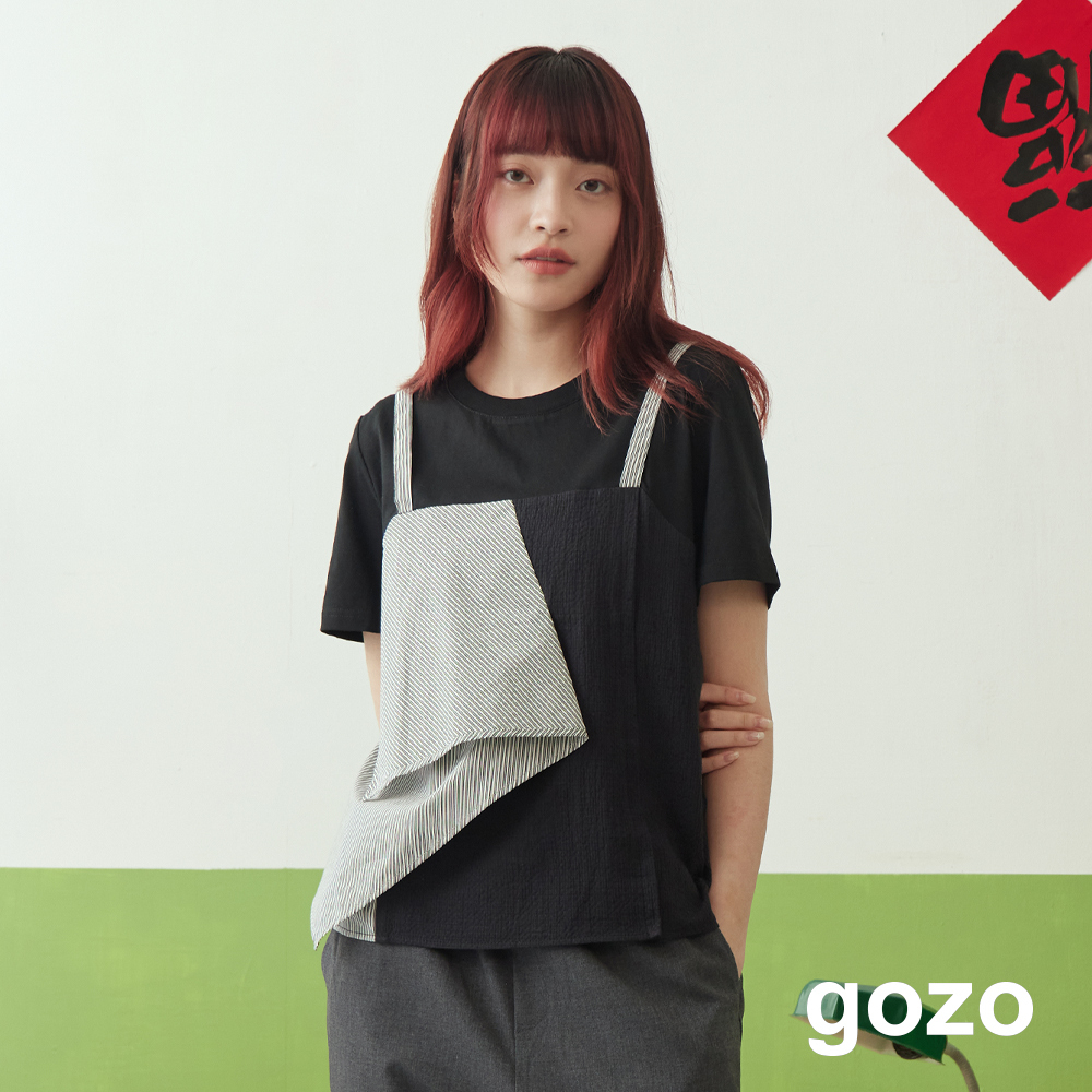 【gozo】➤配色條紋拼布吊帶假兩件T恤(黑色/白色_M/L) | 女裝 圓領 百搭