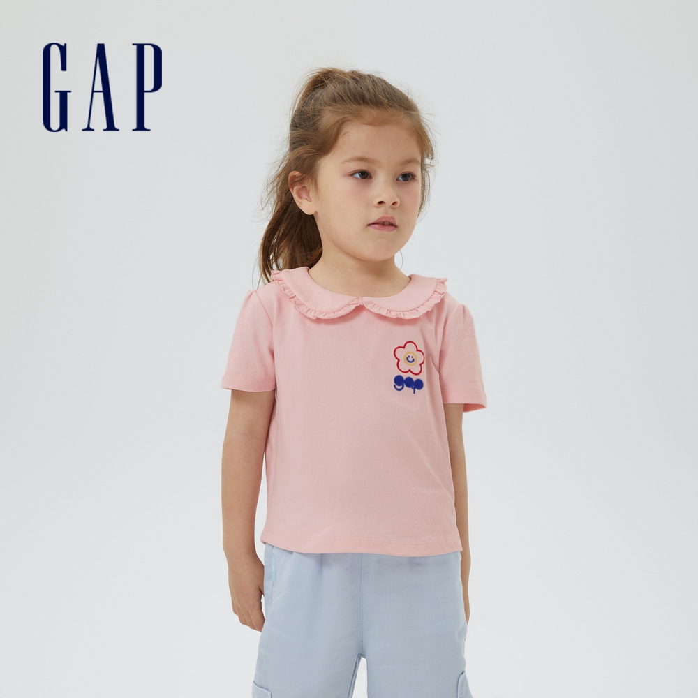 Gap 女幼童裝 Logo娃娃領短袖T恤 厚磅密織水洗棉系列-淡粉色(598854)