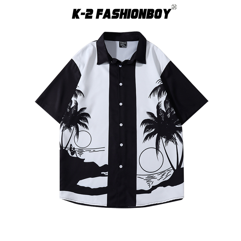 【K-2】椰子樹 黑白撞色 海邊 沙灘 渡假 短袖襯衫 男女不拘 排釦設計 休閒 簡約 穿搭【A467】