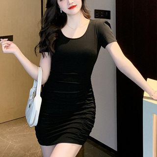 愛依依 短袖洋裝 小黑裙 包臀裙 S-XL新款顯瘦黑色連身裙露背小個子褶皺包臀短裙TCF07A-5272.