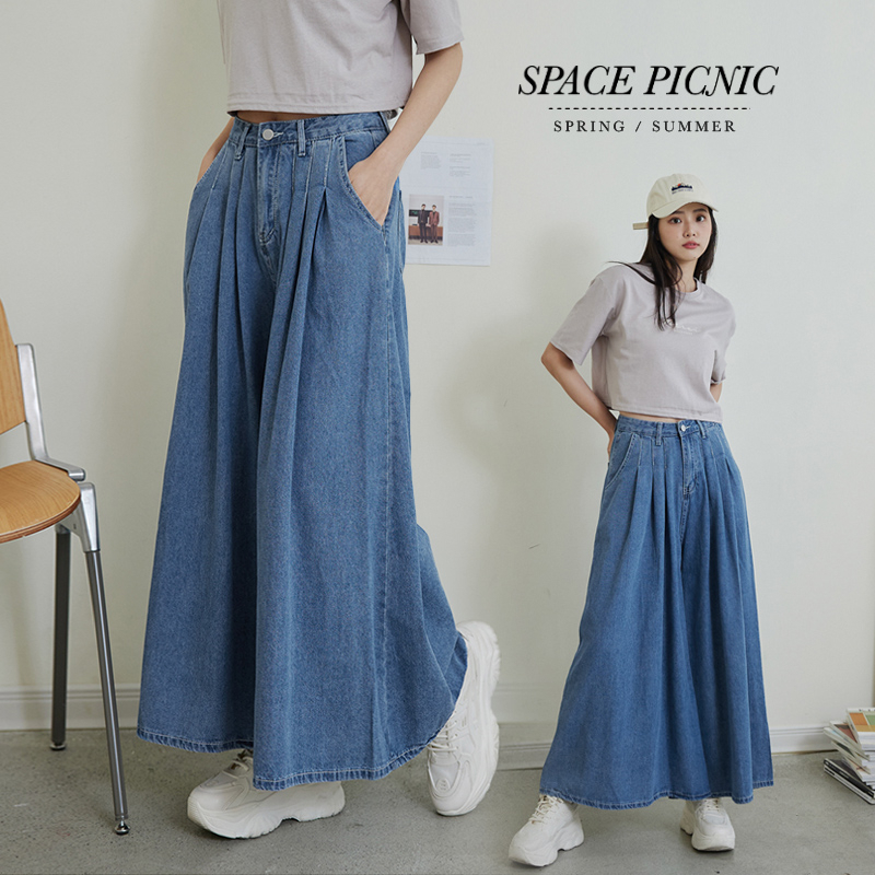 [明天出貨] Space Picnic｜打摺牛仔寬褲裙-1色(現貨)【C23021019】