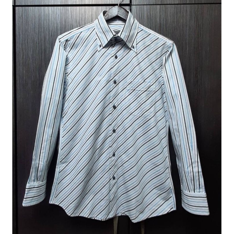 絕版正品BURBERRY 博柏利 BLACK LABEL 黑標 男斜條紋純棉修身長袖襯衫39號