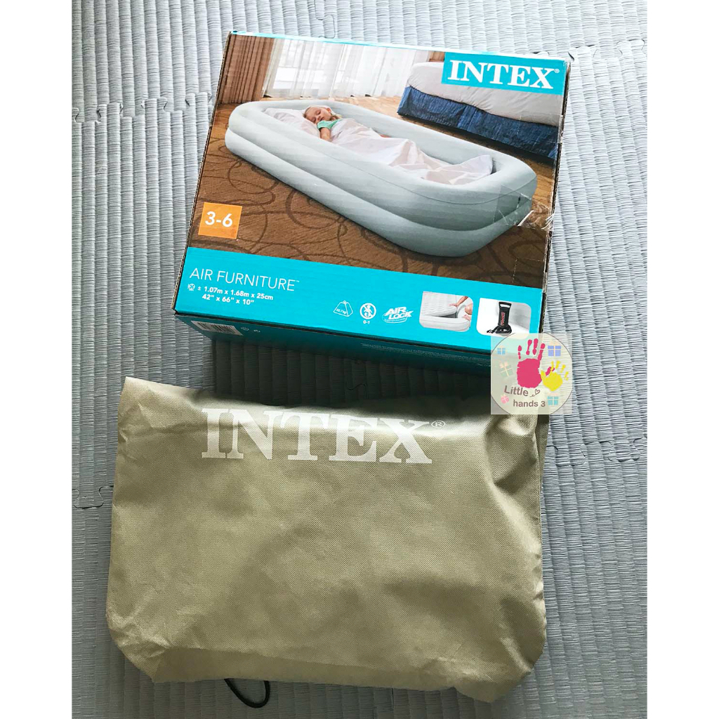 （暫客訂，請勿下訂）二手-INTEX-安全防滾落兒童植絨充氣床-附手壓幫浦