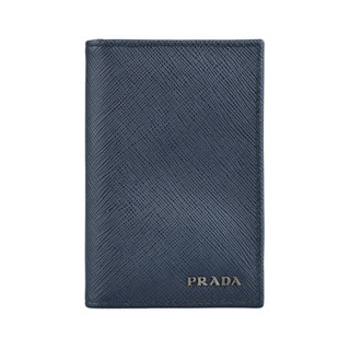 PRADA 金字LOGO防刮牛皮6卡對折卡夾(波羅海藍)