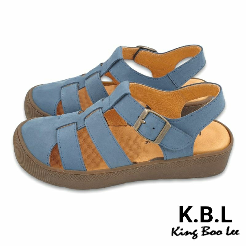 【米蘭鞋都】K.B.L (女) 真皮 羅馬 編織 鏤空 護趾 厚底涼鞋 Q彈 止滑 台灣製 7906 藍 另有棕色