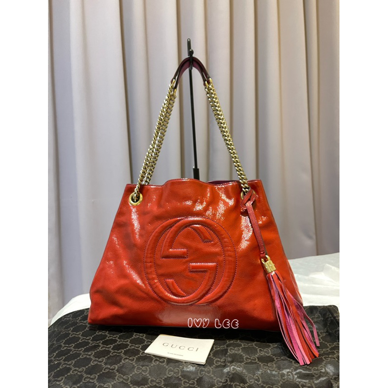 GUCCI SOHO流蘇 托特包 肩背包 斜背包 紅色漆皮款 鏈包 308982 二手精品