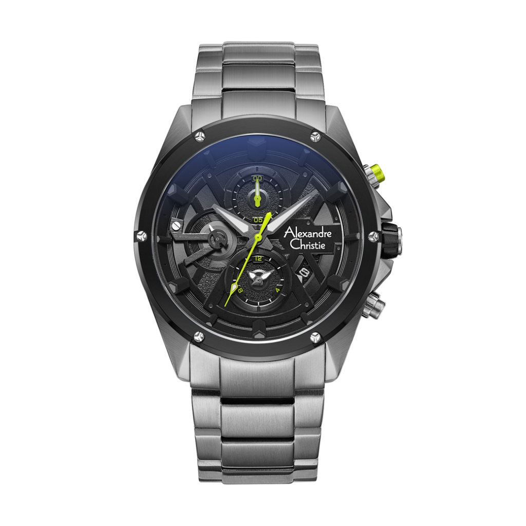 【Alexandre Christie】6620MCBEPBALE 太空銀x綠 石英鋼帶 三眼計時 AC手錶