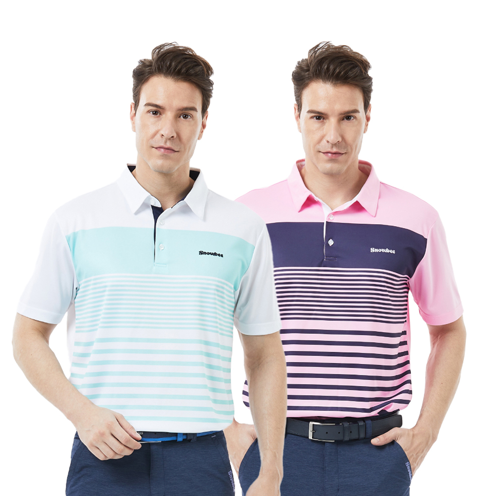 Snowbee Golf 男士漸層條紋短袖Polo衫(吸濕排汗 翻領上衣 高爾夫球衣 健身 爬山 戶外 運動網球自行車)