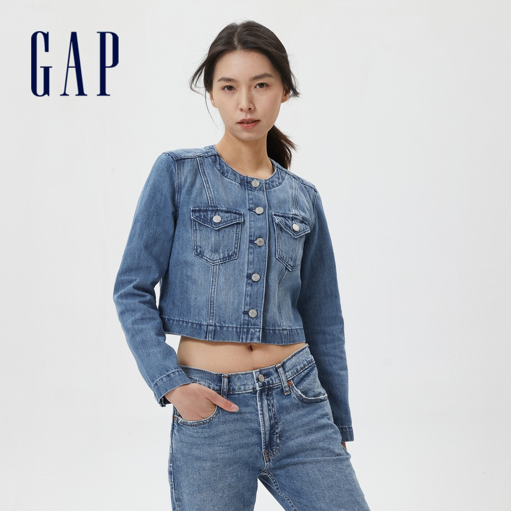 Gap 女裝 時尚修身短版牛仔外套 金標牛仔系列-深藍色(598701)