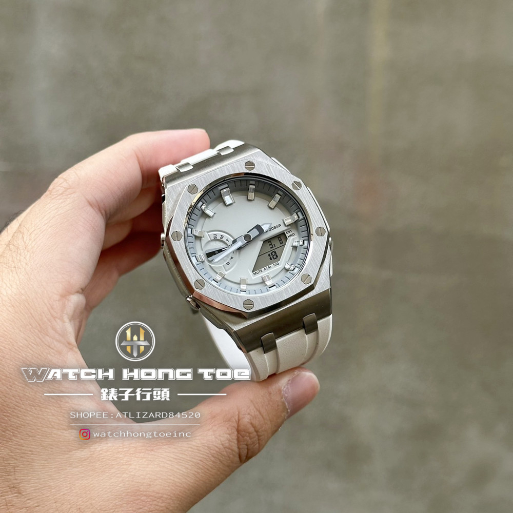 []錶子$行頭[] G-SHOCK "改裝成品" 農家橡樹離岸型 銀紋刻 水泥灰盤 銀殼白膠帶 GA-2110ET-8A