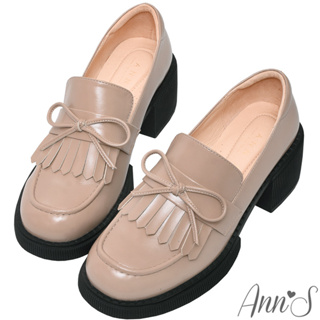 Ann’S重返時光-復古油皮流蘇蝴蝶結厚底粗跟樂福鞋5cm-米白(版型偏小)