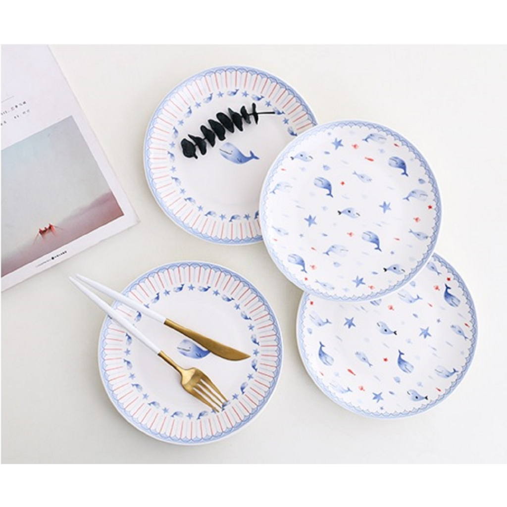 《現貨商品》6吋/ 8吋 鯨魚彩釉餐盤  4.5吋方碗 飯碗 蛋糕盤 點心盤 菜盤 陶瓷盤 圓盤 平盤 淺盤
