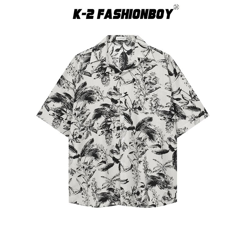 【K-2】黑白襯衫 花襯衫 樹葉 花朵 水墨畫 滿版 短袖襯衫 口袋襯衫 寬鬆 穿搭 夏天 衝浪 K2【AFT385】