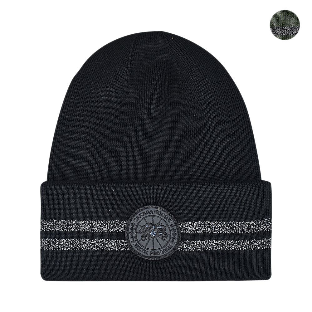 CANADA GOOSE 北極圈布章LOGO反光條紋設計羊毛針織毛帽(黑)