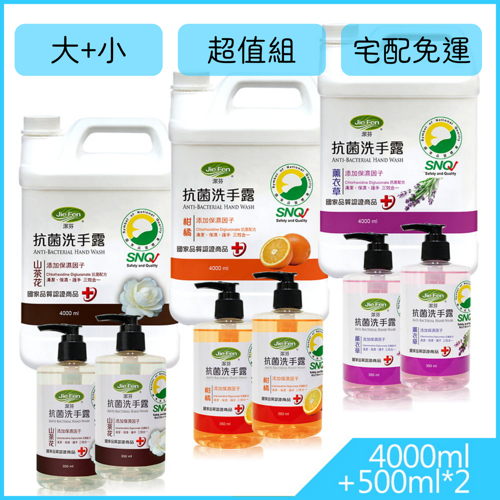 潔芬 抗菌洗手露4000ml+500ml*2｜柑橘 山茶花 薰衣草｜✅SNQ認證商品 SGS合格｜抗菌洗手乳