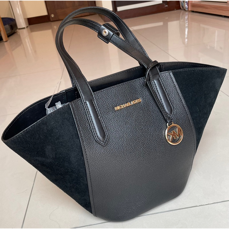 MK MICHAEL KORS PORTIA金字LOGO手提包 肩背包 托特包 水桶包 拼接包(黑) 二手 九成新