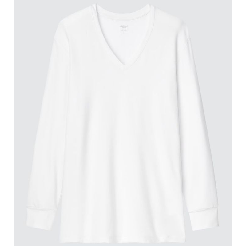 日本帶回 UNIQLO HEATTECH 棉質 V領 T恤 發熱衣（極暖・9分袖） 白色 L