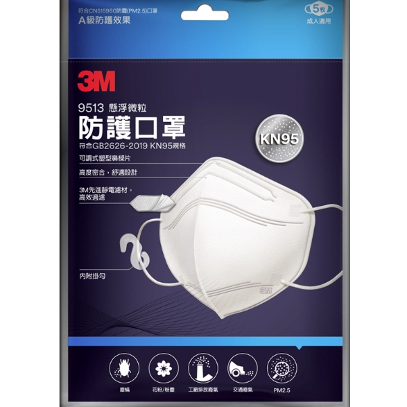 3M KN95 懸浮微粒防護口罩-9513-白色5枚入 附發票