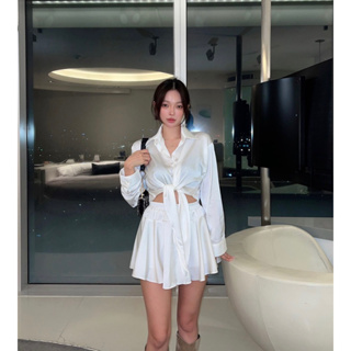 🇰🇷Korea韓國連線·正韓 質感光澤綁帶襯衫+鬆緊光澤蛋糕短裙兩件式套裝SET 兩件式洋裝 襯衫洋裝 韓國女裝