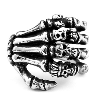 【RBR8-328】精緻龐克風手骨骷顱頭鑄造鈦鋼戒指/戒環