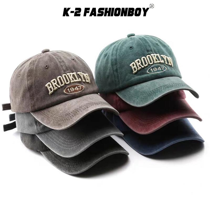 【K-2】BROOKLYN 1947 立體刺繡 水洗老帽 老帽 古著 水洗 刷舊 帽子 情侶 帽 布魯克林【KM92】