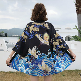 臺灣現貨🔵日本海浪祭典外套2色送腰帶 海浪浪花鯉魚日本羽織 日式和風和服 日本料理制服 仙鶴外套白色外套黑色外套