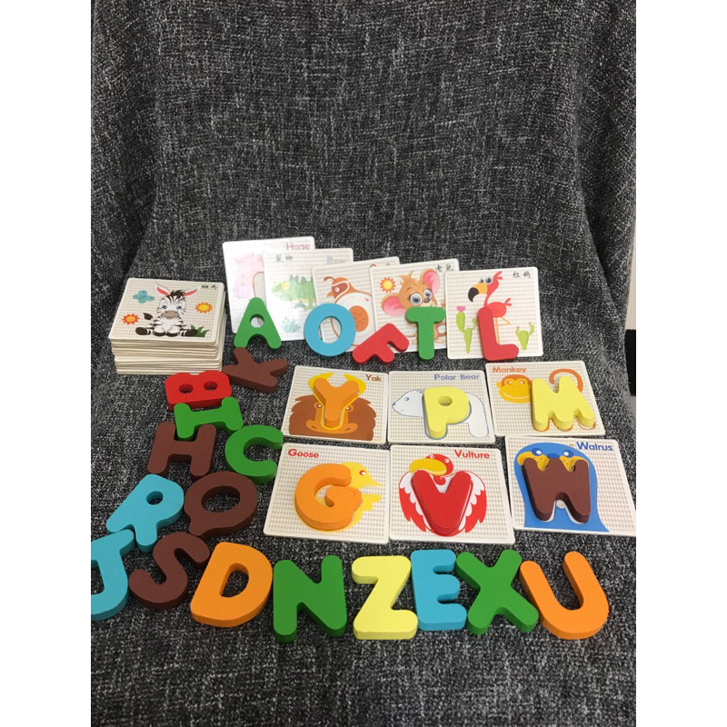 木製英文字母拼圖認字卡（中文加英文圖片）早教兒童