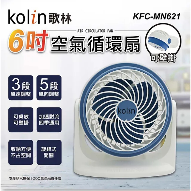 KFC-MN621歌林6吋空氣循環扇(可桌上/可壁)(深藍)
