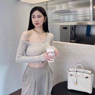 【CHING'S實拍】現貨 MIT斜肩排扣薄長袖彈性上衣 6色 女裝 上衣 衣服 透氣 柔軟 舒服 貼身 QQ材質
