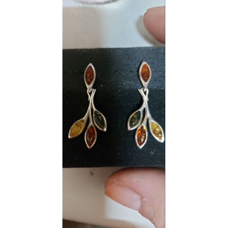 波蘭925純銀海珀耳環／金珀，綠珀，檸檬珀