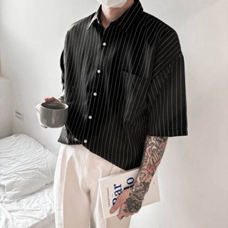 ［現貨］韓國 2色 高質感 直條 單口袋 短袖襯衫 寬鬆 oversize 🇰🇷高質感直條紋五分袖襯衫