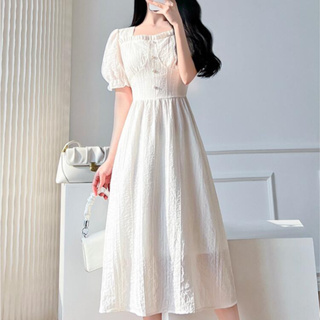 愛依依 短袖洋裝 收腰洋裝 S-XL新款法式小眾設計溫柔風收腰氣質顯瘦白色泡泡袖連身裙H335D-2358.