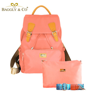 【BAGGLY&CO】1+1真皮尼龍拉繩防盜後背包+側背包(珊瑚橘)