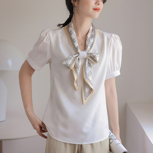 愛依依  短袖襯衣 通勤職業襯衫上班襯衫  S-XL新款高級感絲帶襯衫女設計感小眾白色襯衣N194-06132.