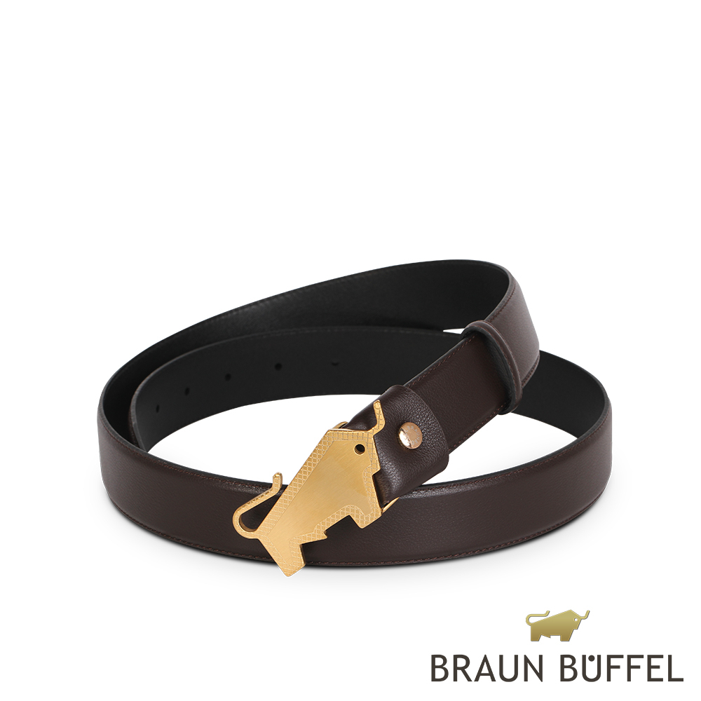 【BRAUN BUFFEL 德國小金牛】台灣總代理 雅痞型男造型LOGO釘扣式皮帶-金色/BF22B-RO015-GD