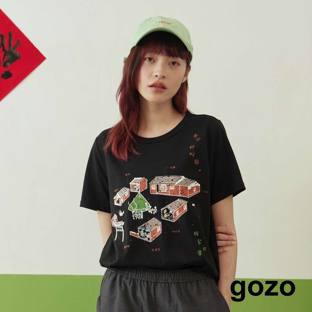 【gozo】➤復古三合院的日常斑駁印花T恤(黑色/白色_M/L) | 純棉 圓領 休閒