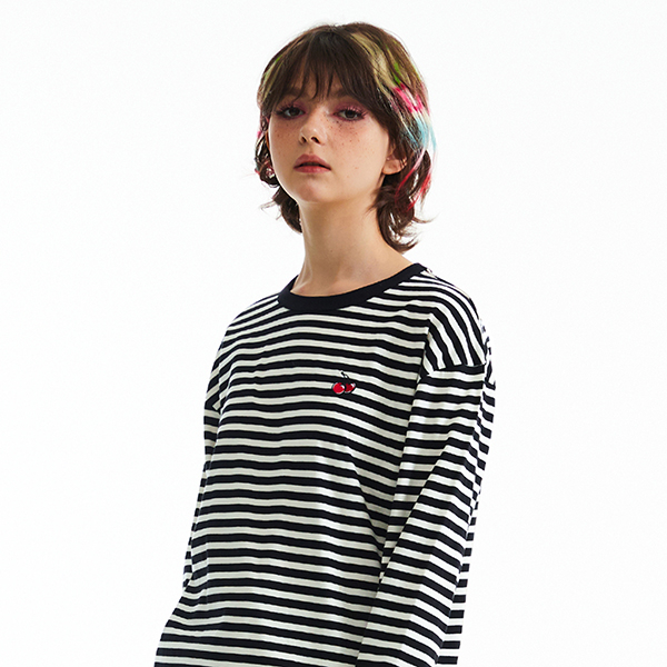 [KIRSH] CHERRY STRIPE LONG SLEEVE T-SHIRT (BLACK)