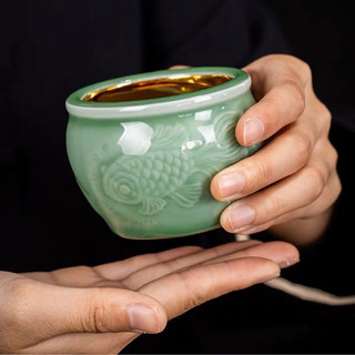 輕奢 手工復古青瓷魚茶杯24K純金鎏金盞鑲銀蓮花主人杯